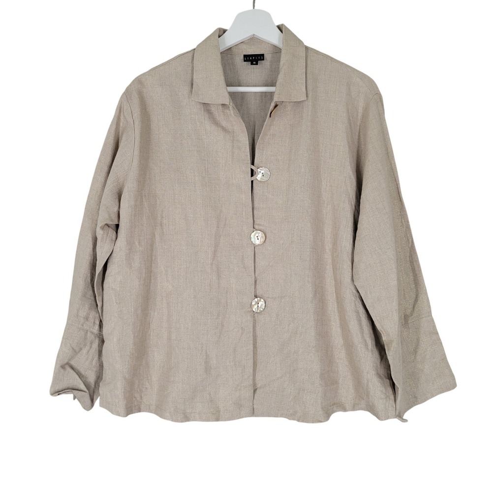 Staples Linen Jacket Womens S Beige Gold Metallic Button Front Shimmer Made USA